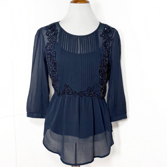 Anthropologie Embellished Beaded Sequin Floral Embroidered Navy Peplum Blouse - Picture 12 of 14